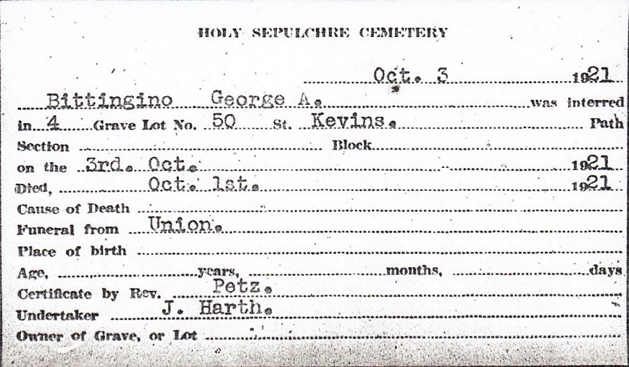The Holy Sepulchre Cemetery Record of George A. Bittlingmeier
