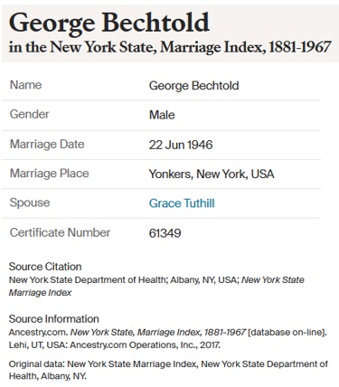 George Cecil Bechtold and Grace Beatrice Tuthill Marriage Record