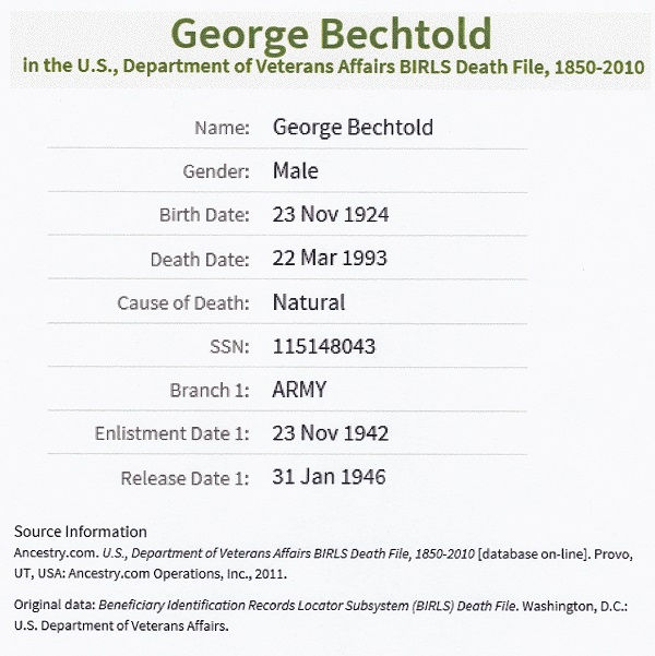 George C. Bechtold's Veterans Affairs Death File