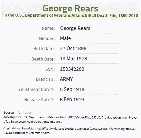 George Rears Sr.'s Veterans Affairs Death File