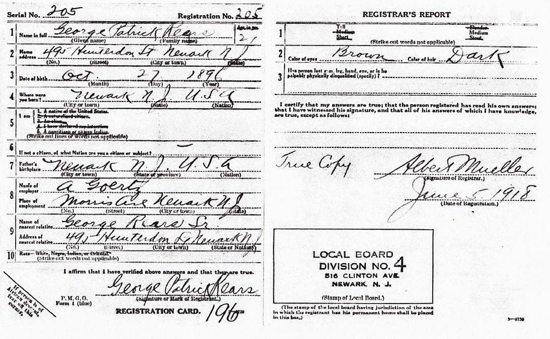 George Rears' World War I Draft Registration Card