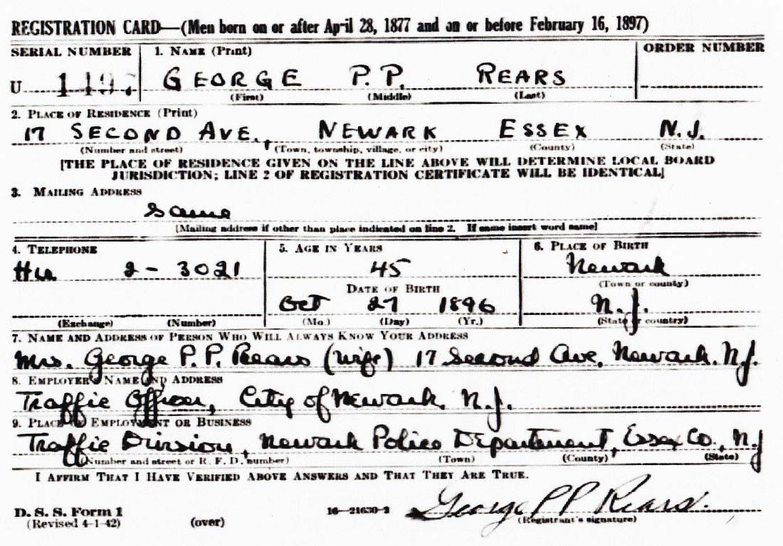 George Rears Sr.'s World War II Draft Registration Card Part 1