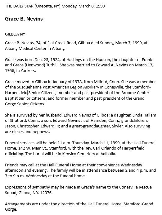 Grace Beatrice Tuthill Bechtold Nevins Obituary