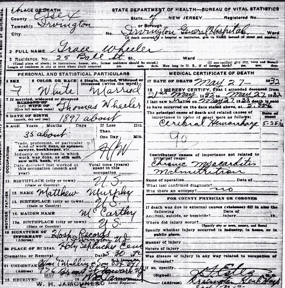 Grace Murphy Wheeler Death Certificate