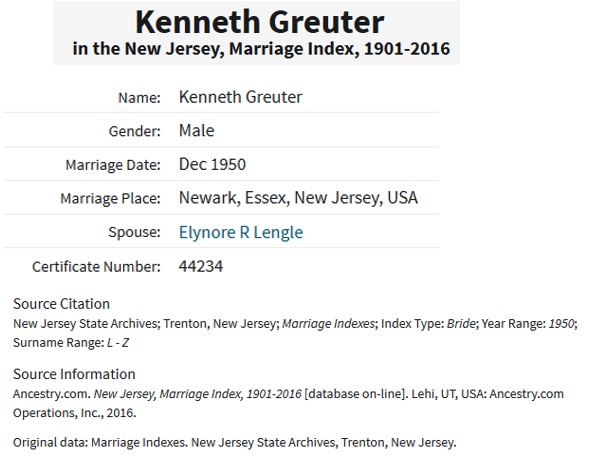 Kenneth Greuter and Elynore Lengle Marriage Index