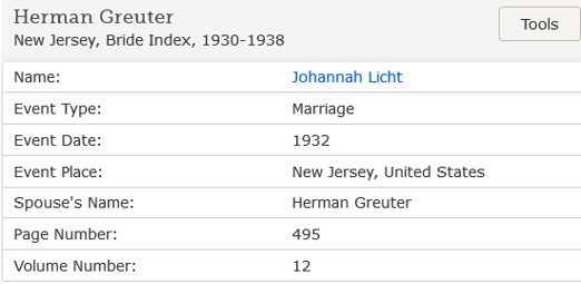 Herman Greuter and Johannah Licht Marriage Index