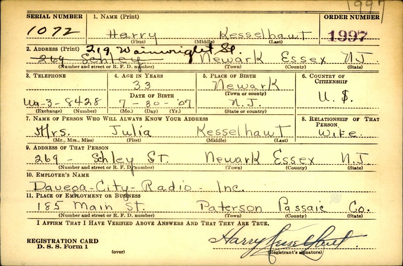 Harry Kesselhaut's World War II Army Enlistment Record