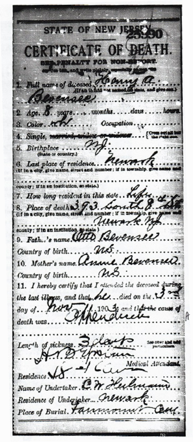 Henry A. Bevensee Death Certificate
