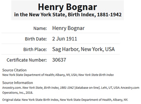Henry Bogner Birth Index