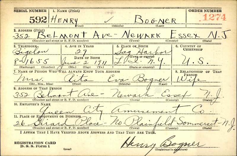 Henry Bogner's World War II Draft Registration