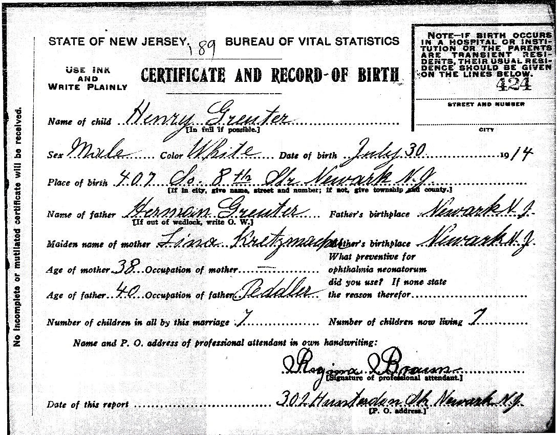 Henry Greuter Birth Certificate