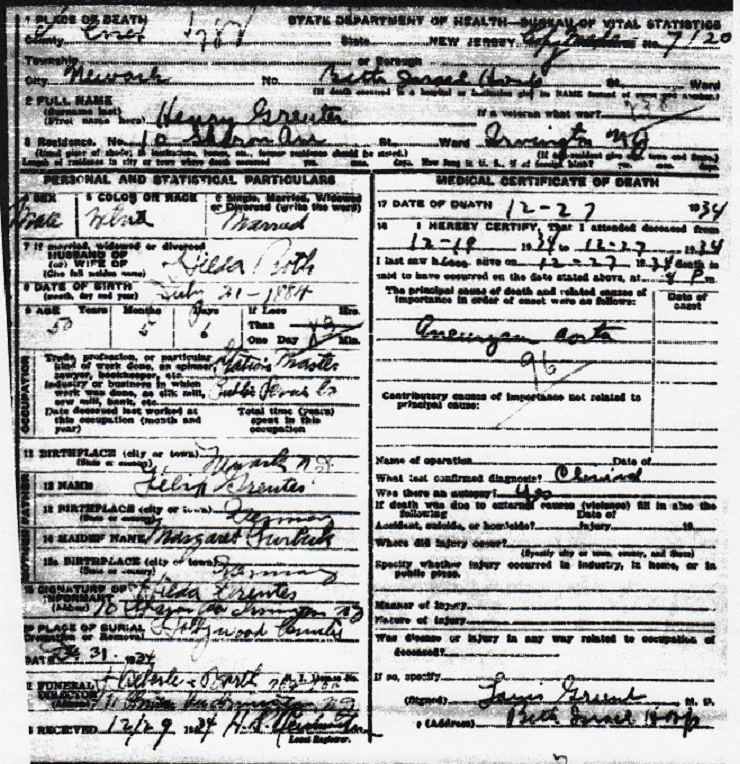 Henry Greuter Death Certificate