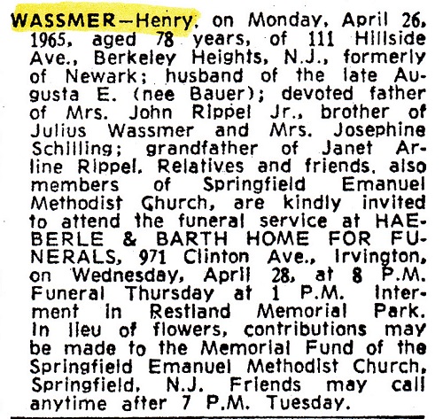 Henry W. Wassmer Obituary 1