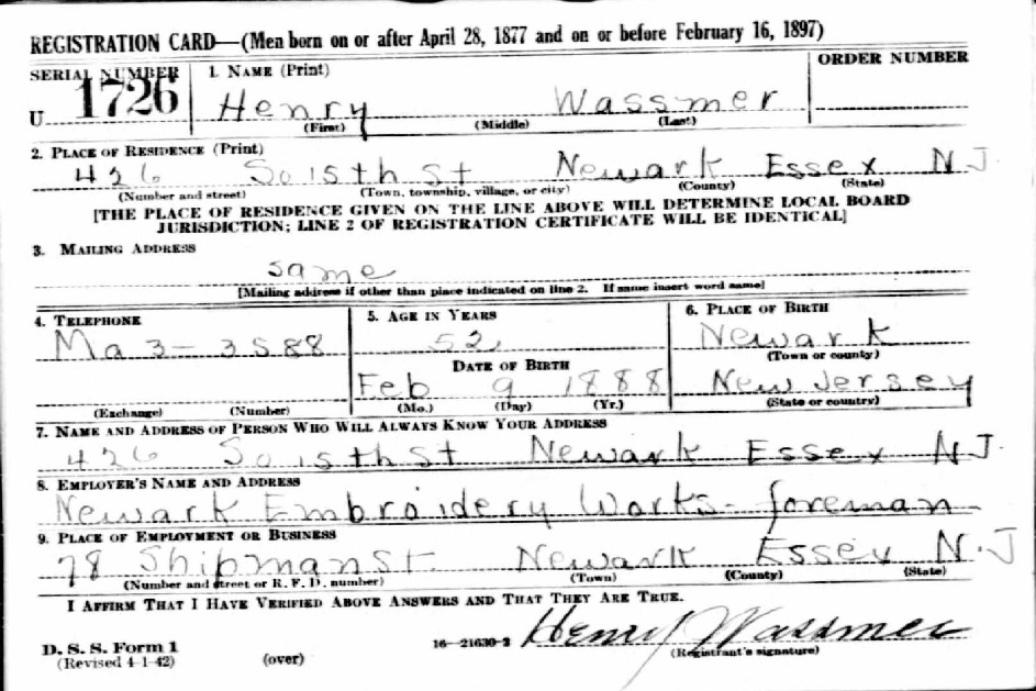 Henry W. Wassmer's World War II Draft Registration Card Part 1
