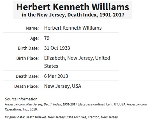 Herbert Williams Death Index