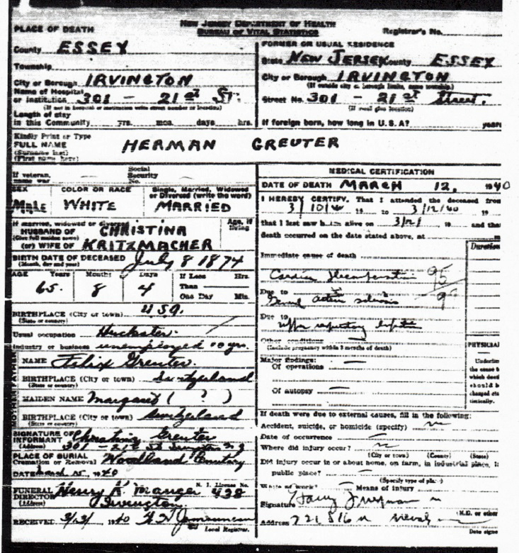 Herman Greuter Death Certificate