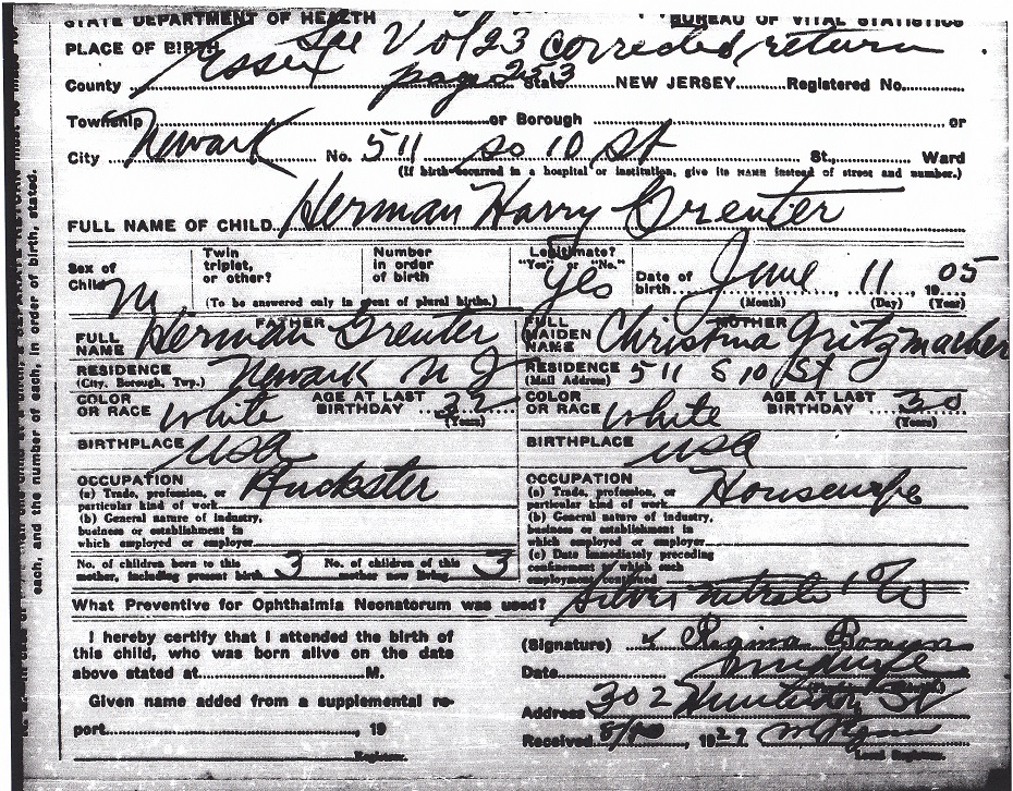 Herman Harry Greuter Birth Certificate