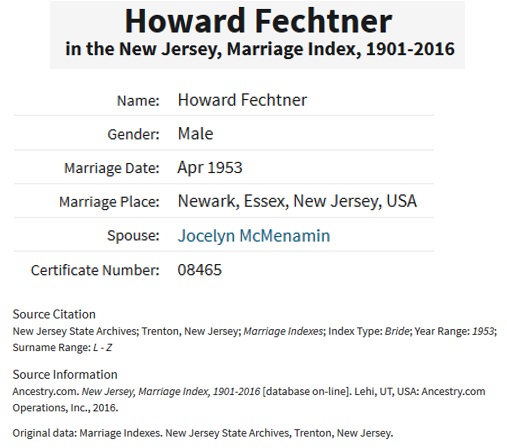 Jocelyn McMenamin and Howard Fechtner Marriage Index