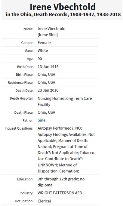 Irene Sine Bechtold Death Index