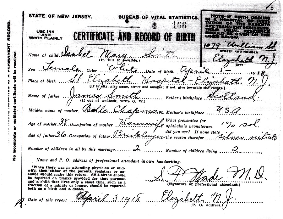 Isabelle Smith Klaiber Birth Certificate