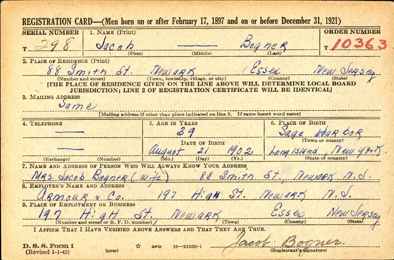 Jack Bogner's World War II Draft Registration