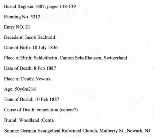Jacob Bechtold Burial Record