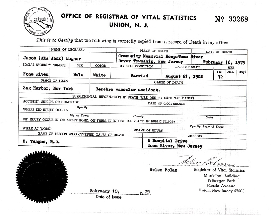 Jacob Bogner Death Certificate