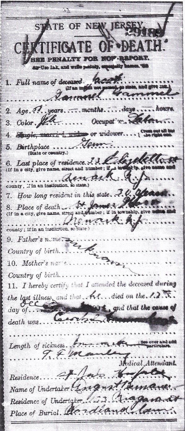 Jacob Gammel Death Certificate