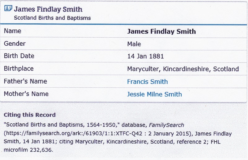 James Findlay Smith Birth Index