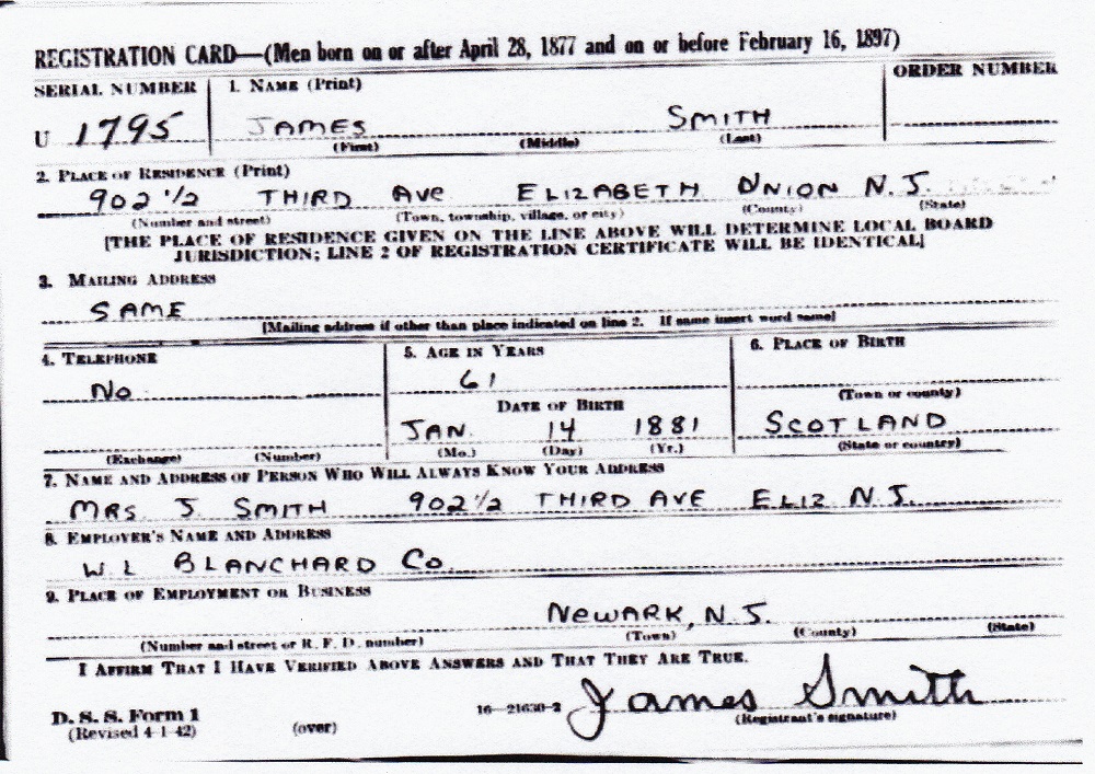 James Findlay Smith World War Two Draft Registration Card