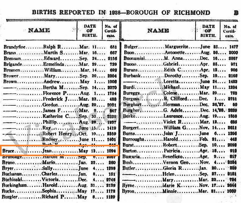 Jean Frances Bruce Birth Record