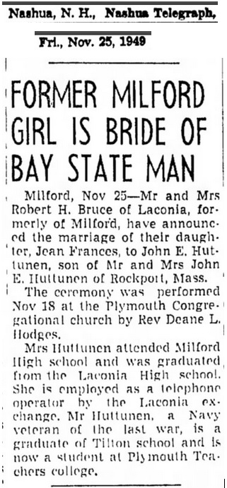 Jean Frances Bruce and John E. Huttunen Marriage Announcement