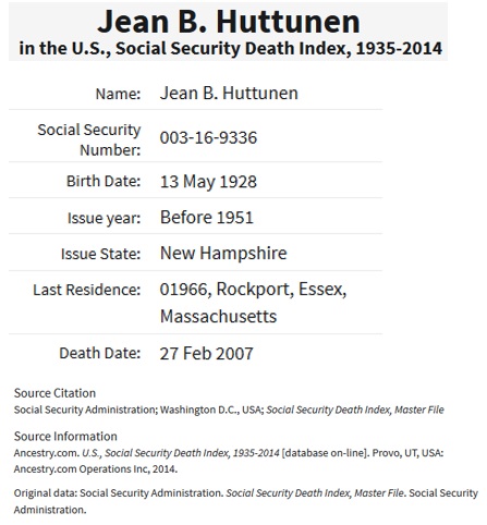 Jean Bruce Huttunen Social Security Death Index