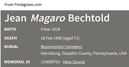 Jean Bechtold Cemetery Record