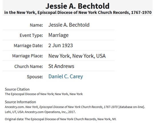 Marriage Certificate for Daniel C. Carey and Jessica A. Bechtold
