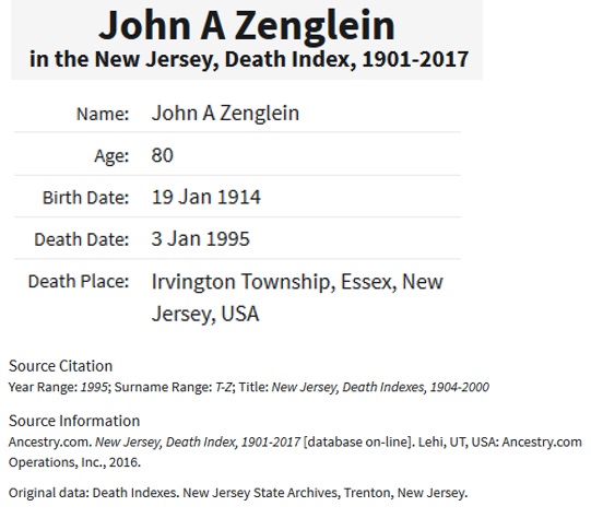 John A. Zenglein, Jr. Death Index