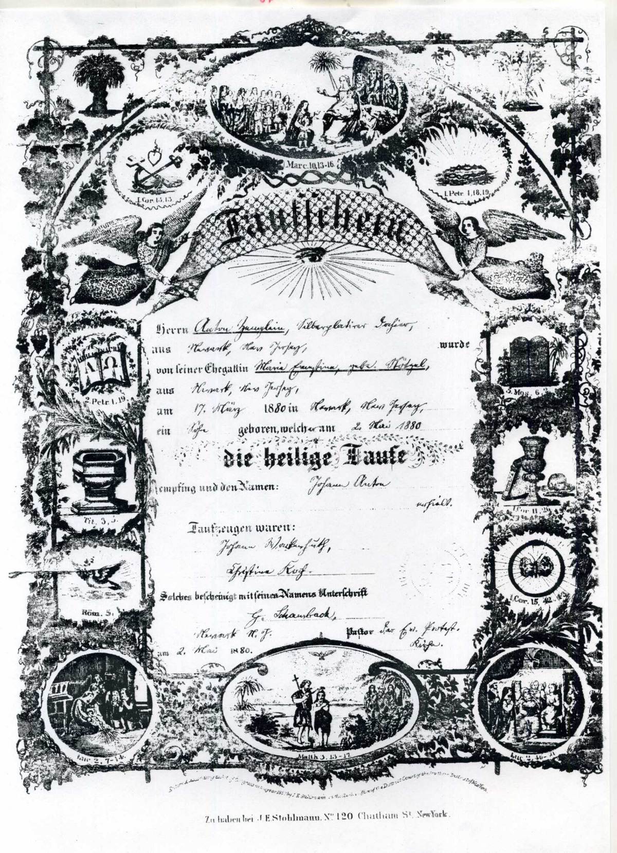 John A. Zenglein Sr. Baptism Certificate