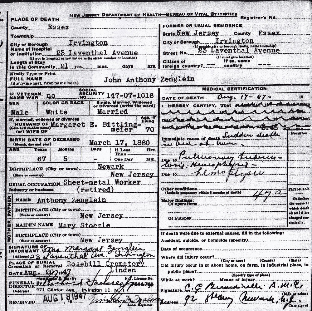 John A. Zenglein, Sr. Death Certificate