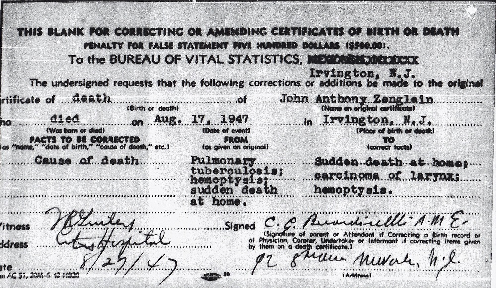 John A. Zenglein, Sr. Death Certificate