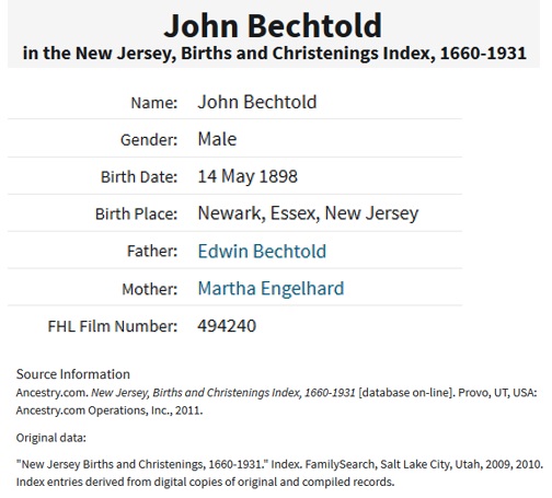 John Bechtold Birth Index