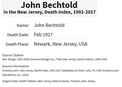 John Bechtold Death Index