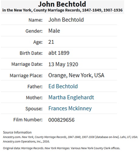 John Bechtold and Frances McKinney Marriage Record