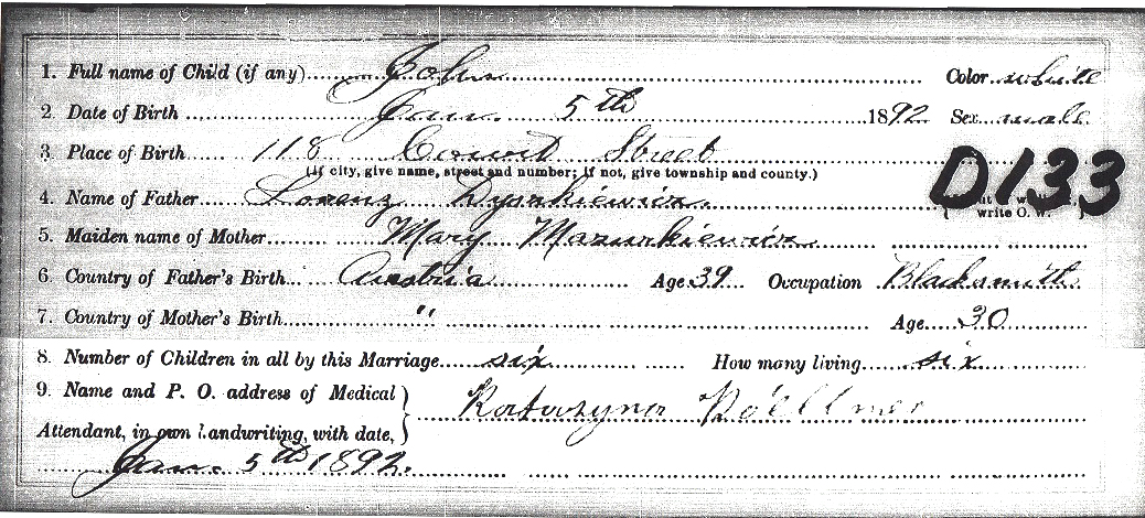 John Dyszkiewicz Birth Certificate