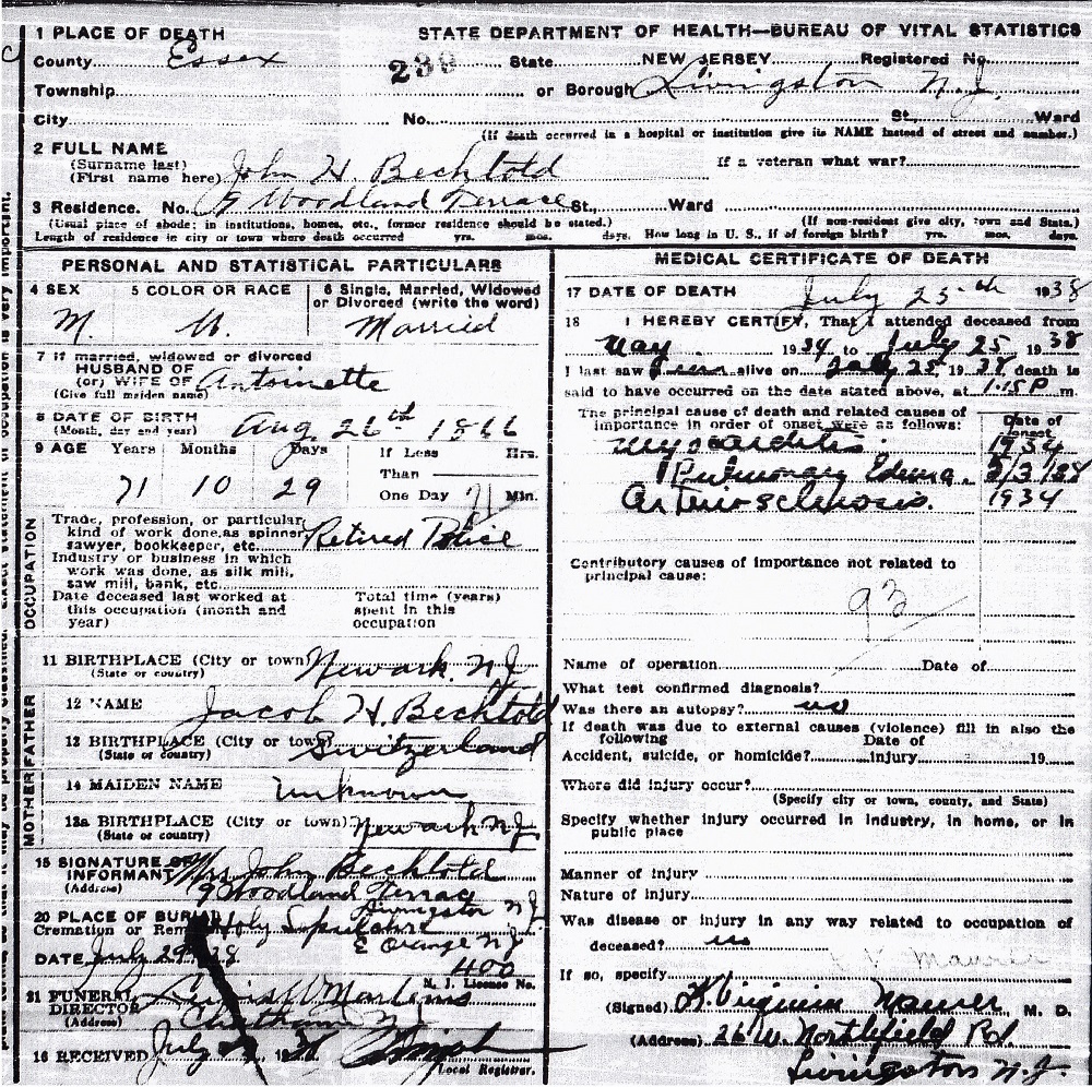 John H. Bechtold Death Certificate