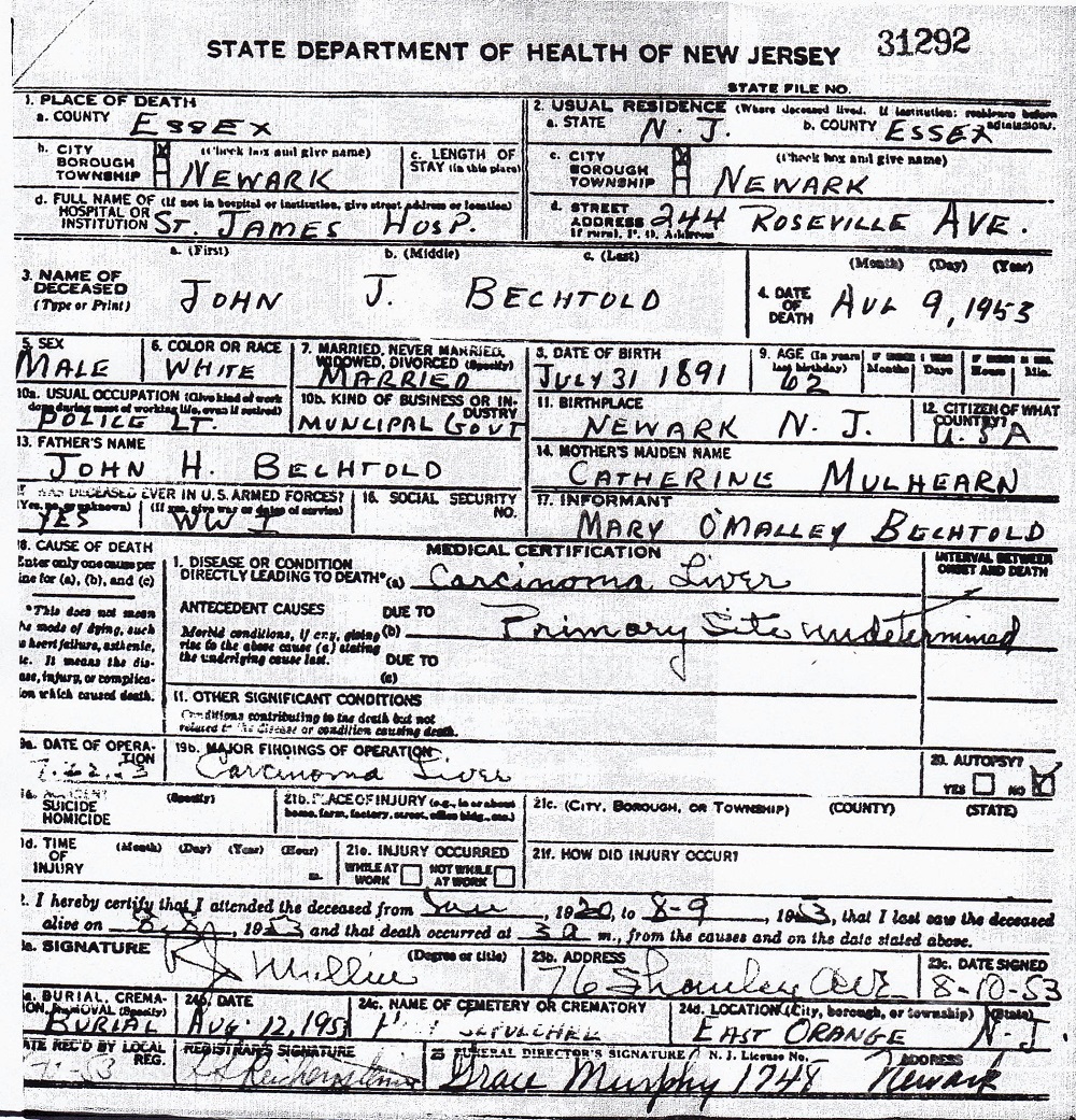 John J. Bechtold Death Certificate