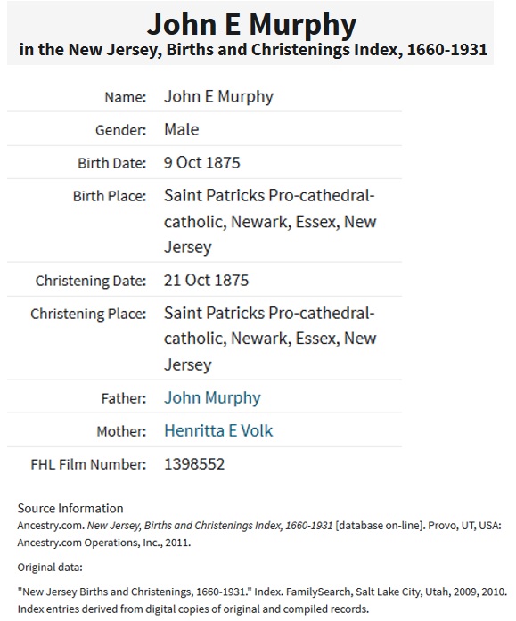 John Joseph Murphy Birth Index