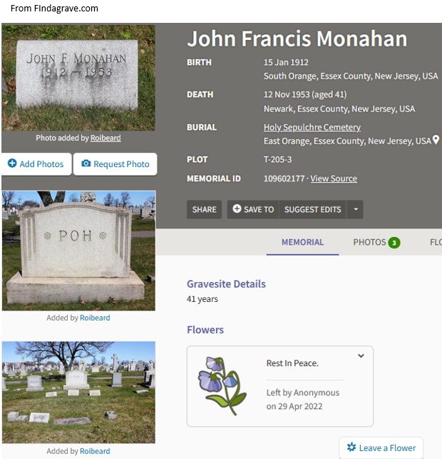 John Francis Monahan Cemetery Record