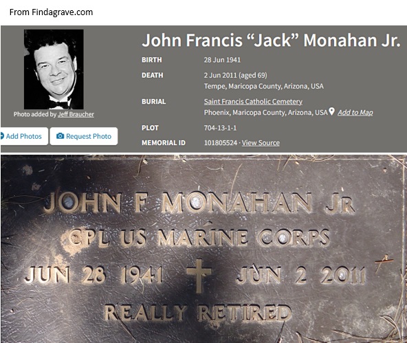 John Francis Monahan Jr. Cemetery Record