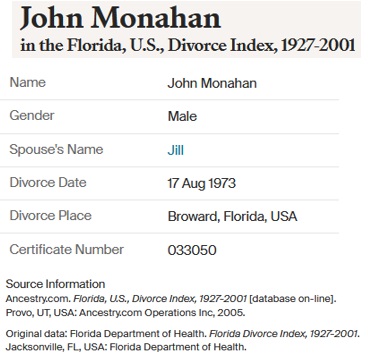 John Francis Monahan Jr. Divorce Record