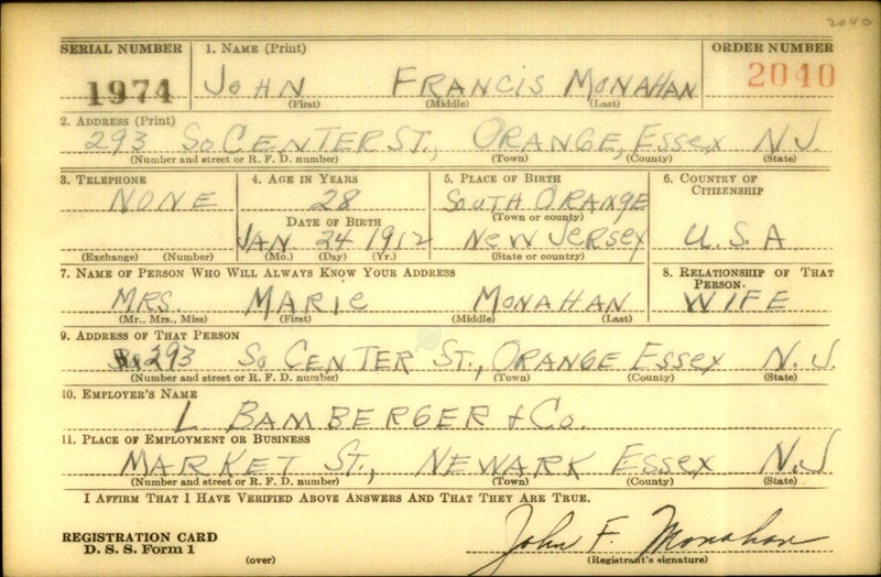 John Francis Monahan World War II Draft Registration